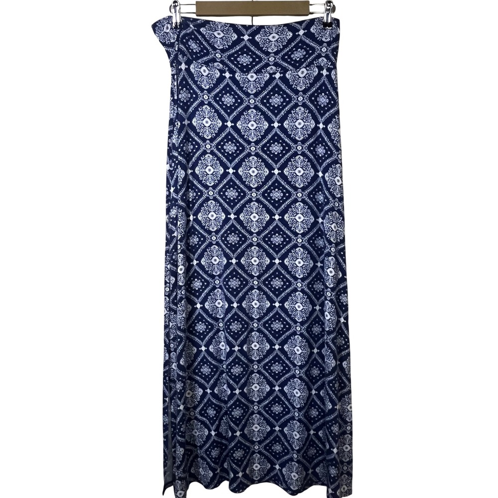 Y2K Charlotte Russe Navy Blue White Medallion Print Maxi Skirt L Side Slits Boho